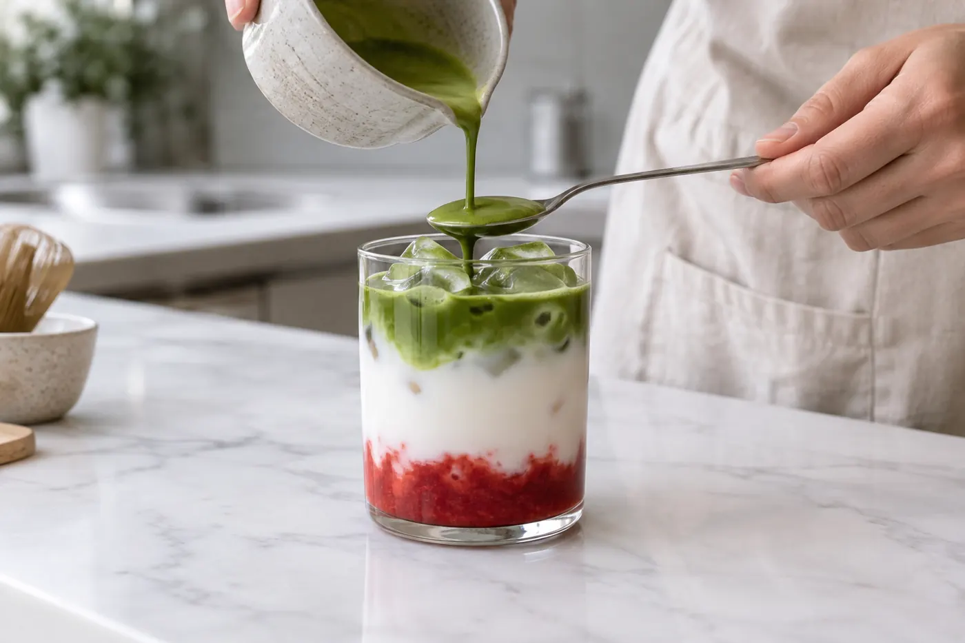 Matcha poured gently over ice and milk above a strawberry base