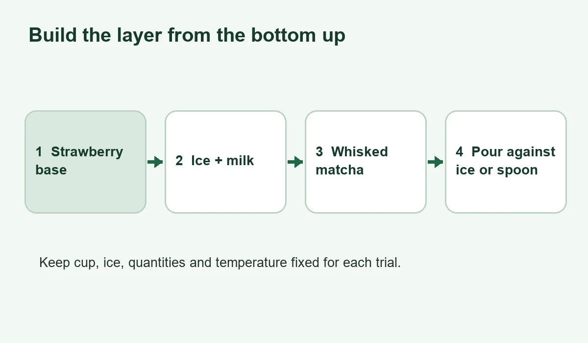 The order and direction of pouring a layered strawberry matcha drink