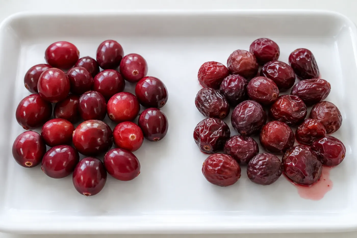 Sound fresh cranberries beside soft or damaged berries for sorting