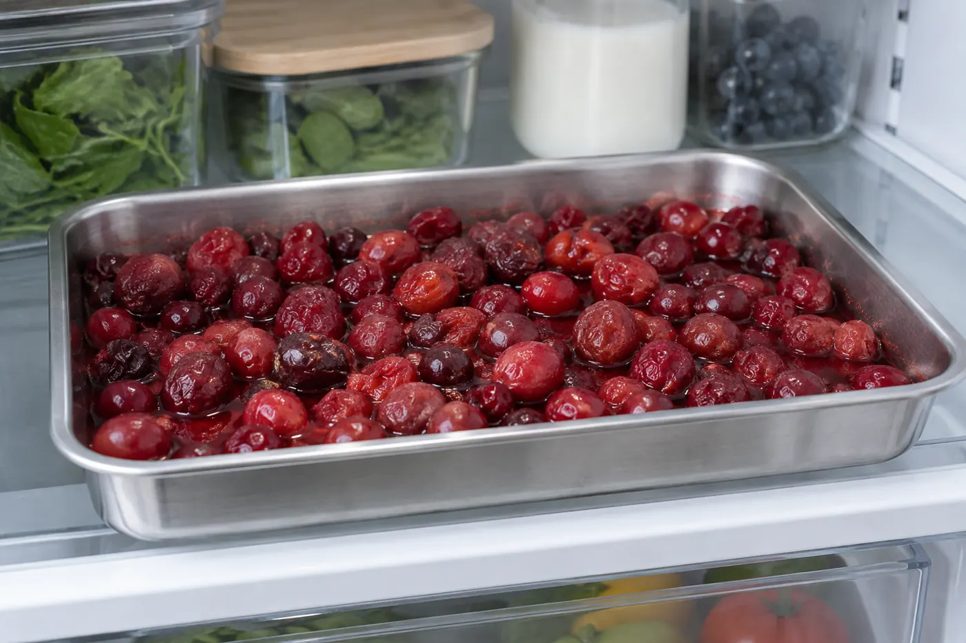Previously frozen cranberries releasing juice during chilled thawing