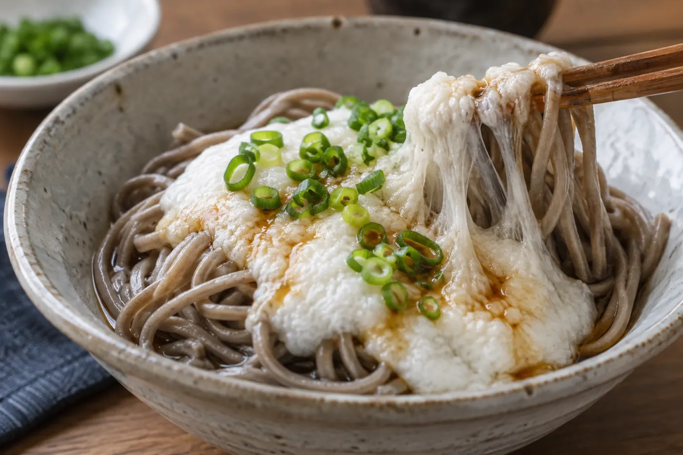 A bowl of soba with a pale grated yam topping