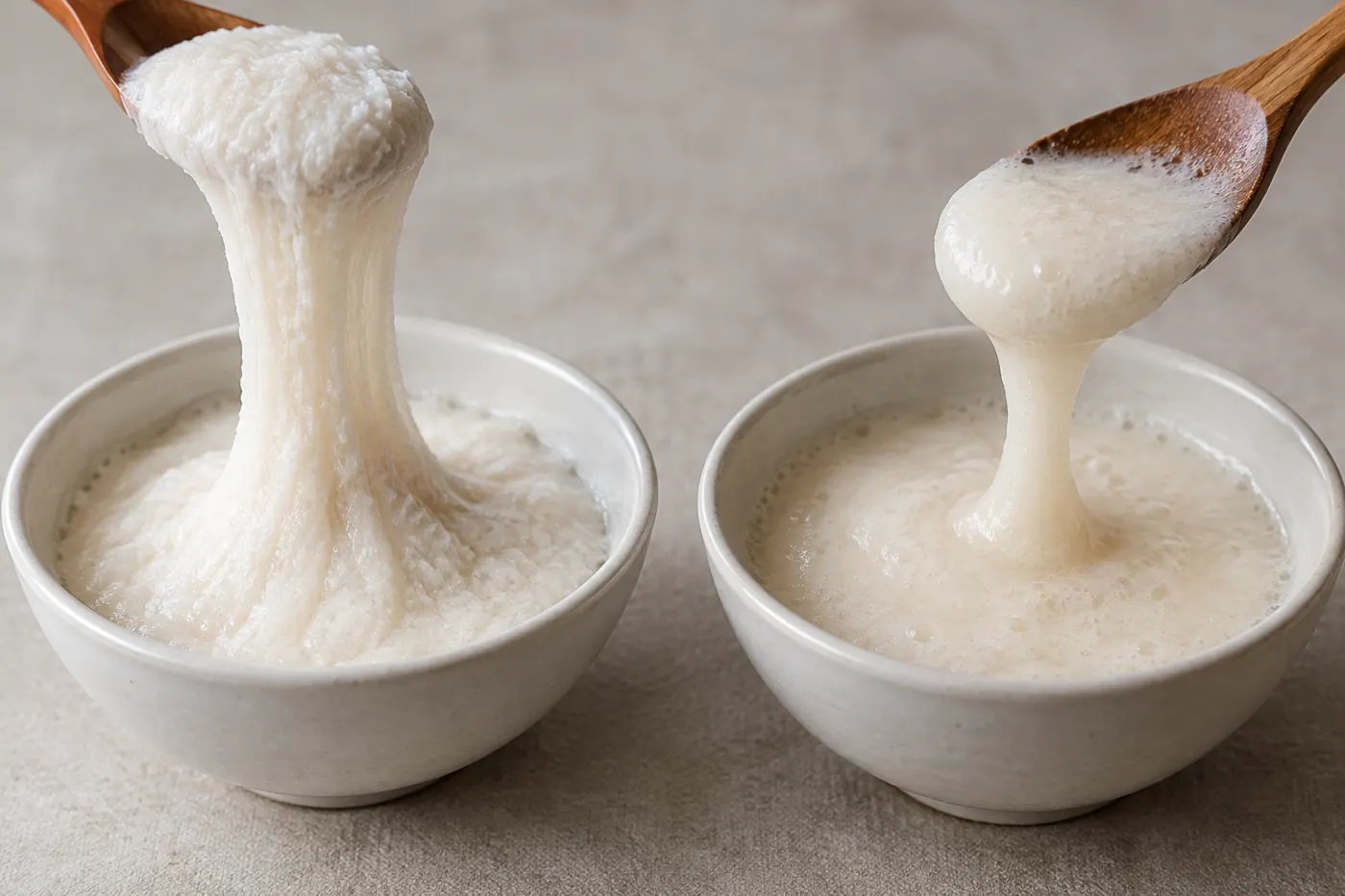 A spoon lifting sticky grated yam beside a looser sample