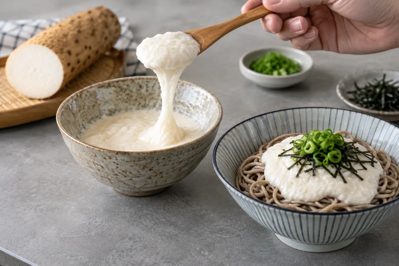 A spoon texture check beside soba and grated yam