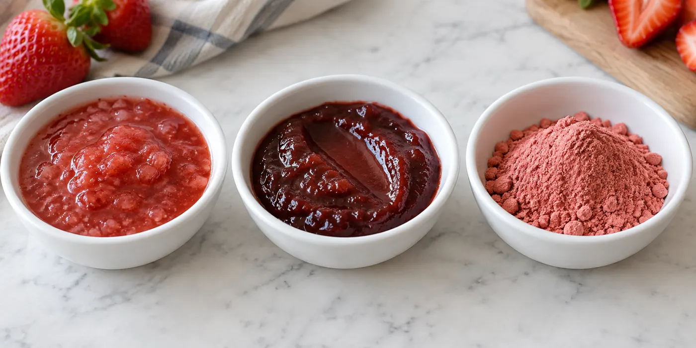 Wet strawberry puree, thick reduction and dry strawberry powder