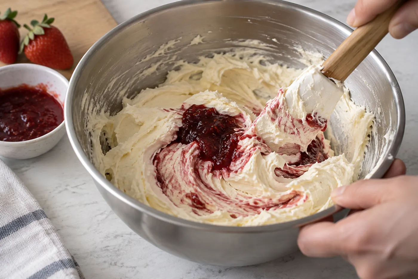 Cooled strawberry reduction added to a buttercream mixing bowl