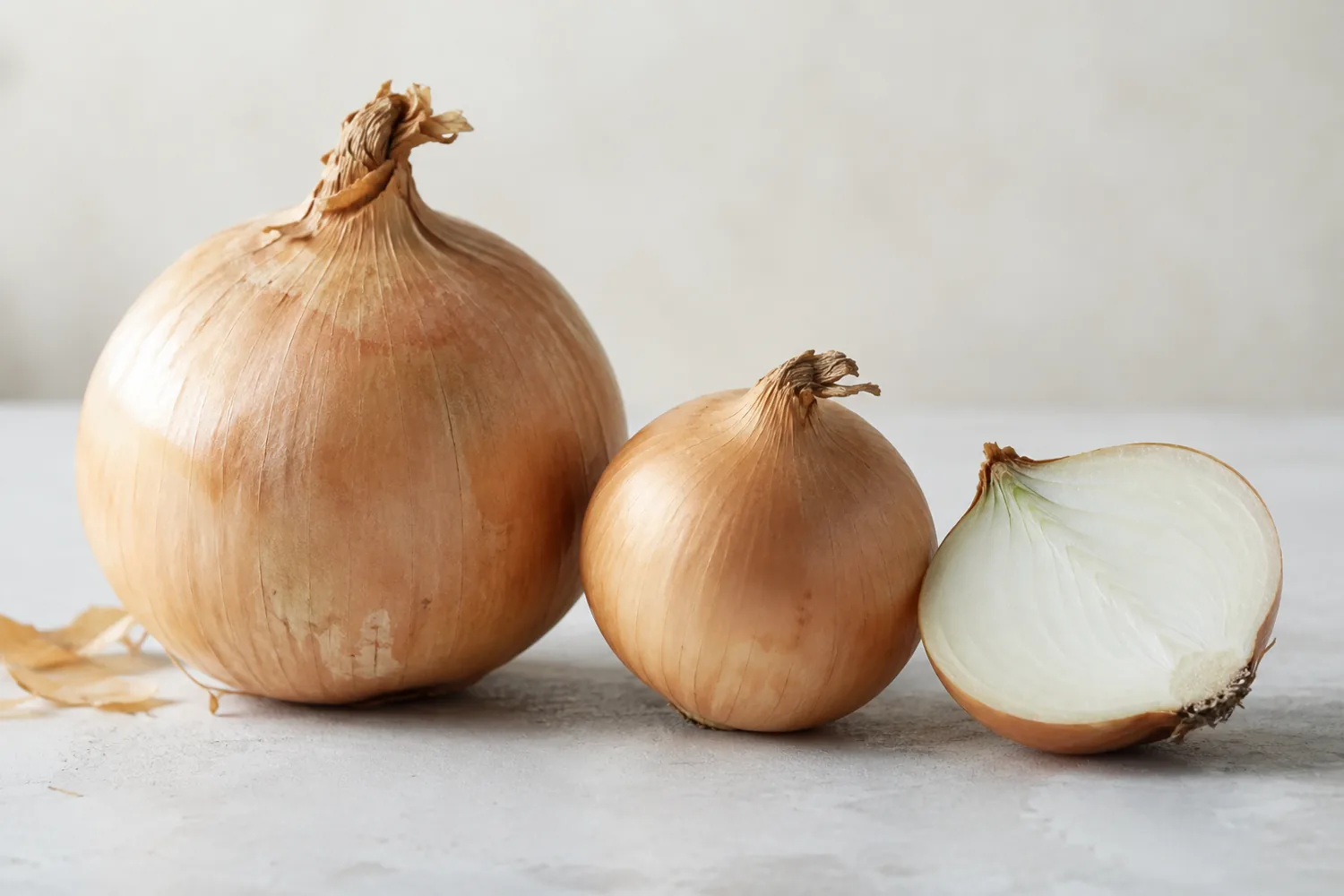 Large yellow onion, smaller yellow onion and cut onion half Large yellow onion, smaller yellow onion and cut onion half
