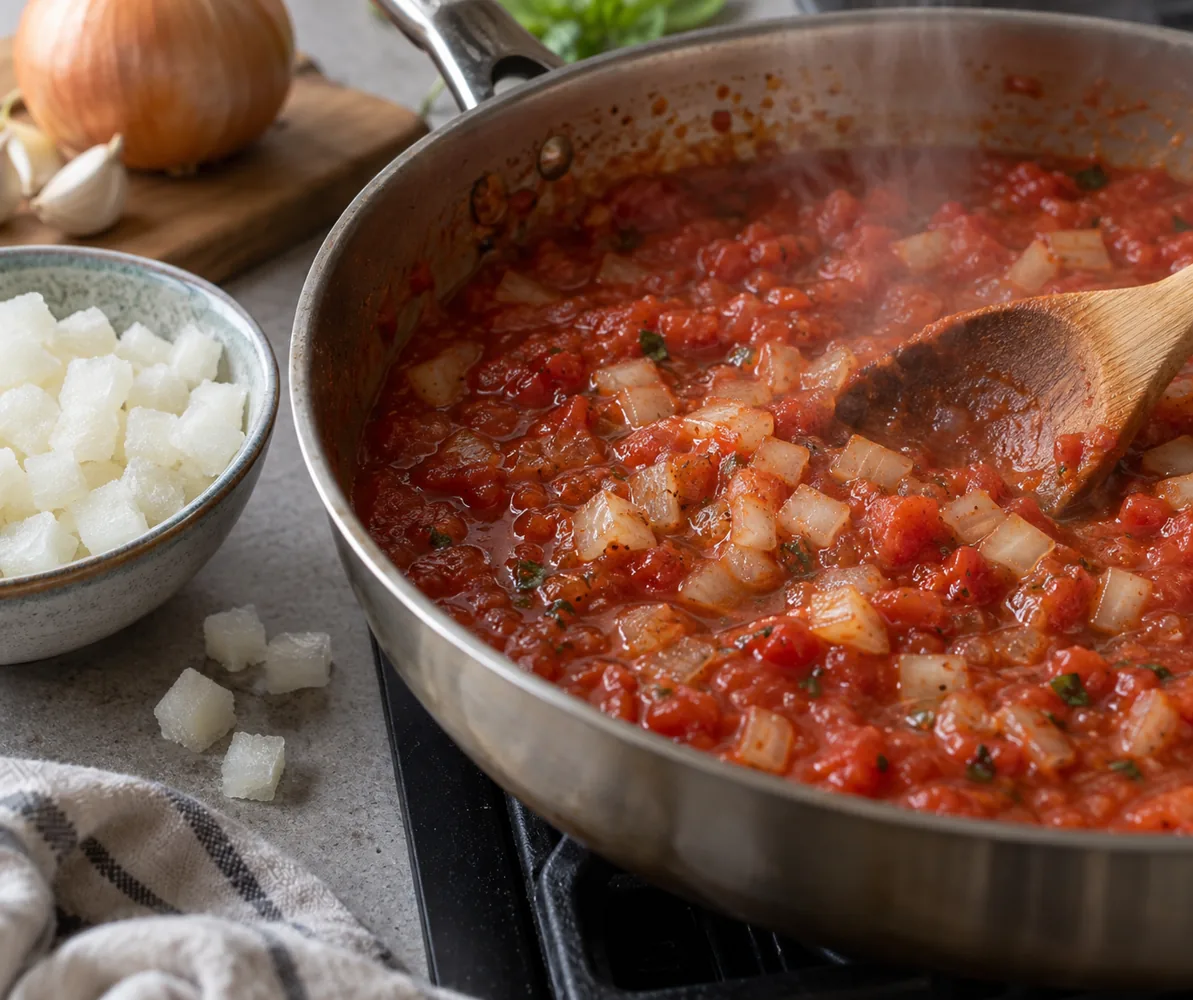 Onion dice in cooked sauce