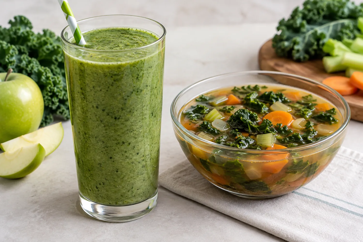 Kale smoothie and soup