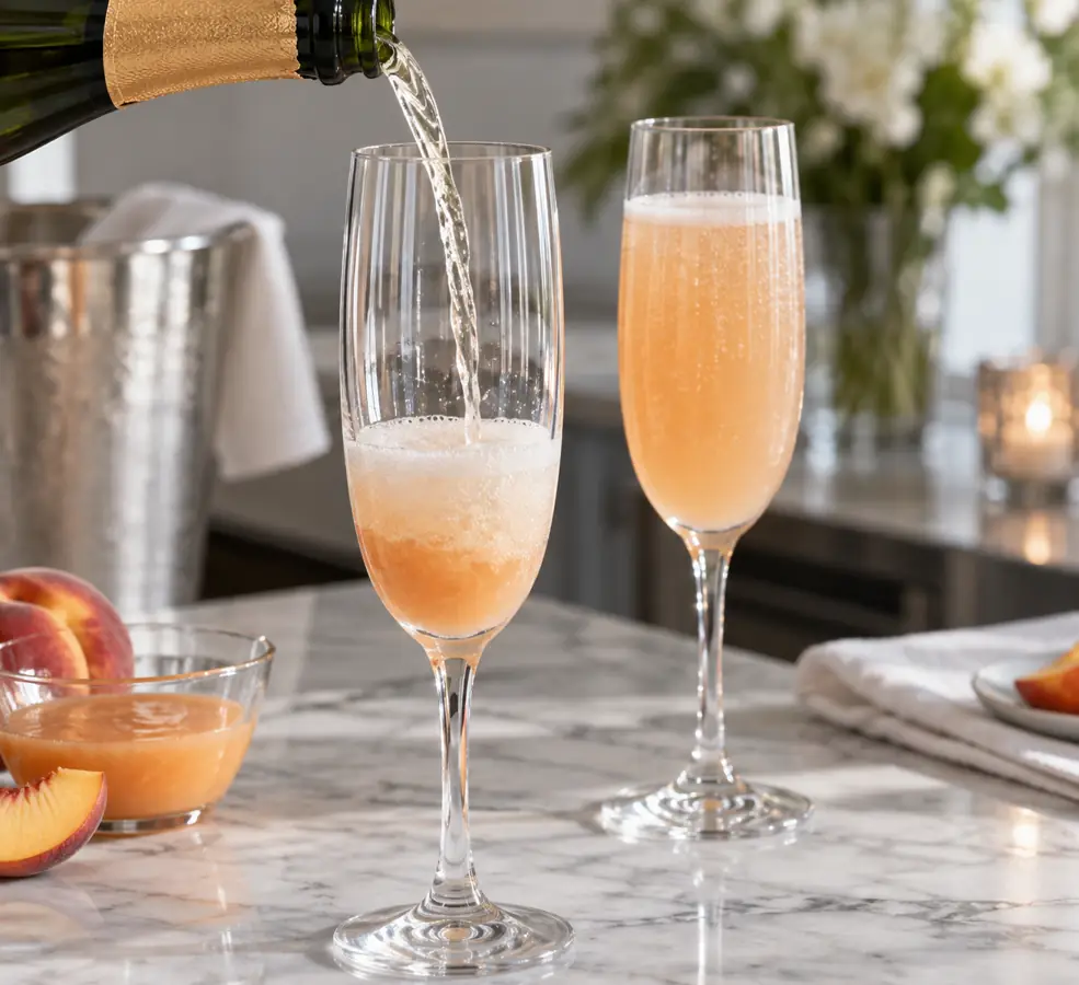 Sparkling base poured over puree in individual glass