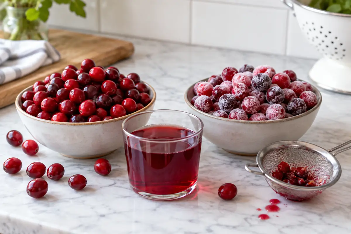 Fresh and frozen whole cranberries beside strained juice