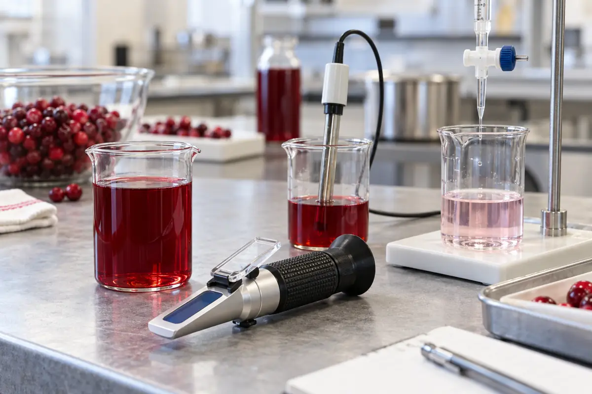 Juice samples with refractometer, pH probe and titration setup