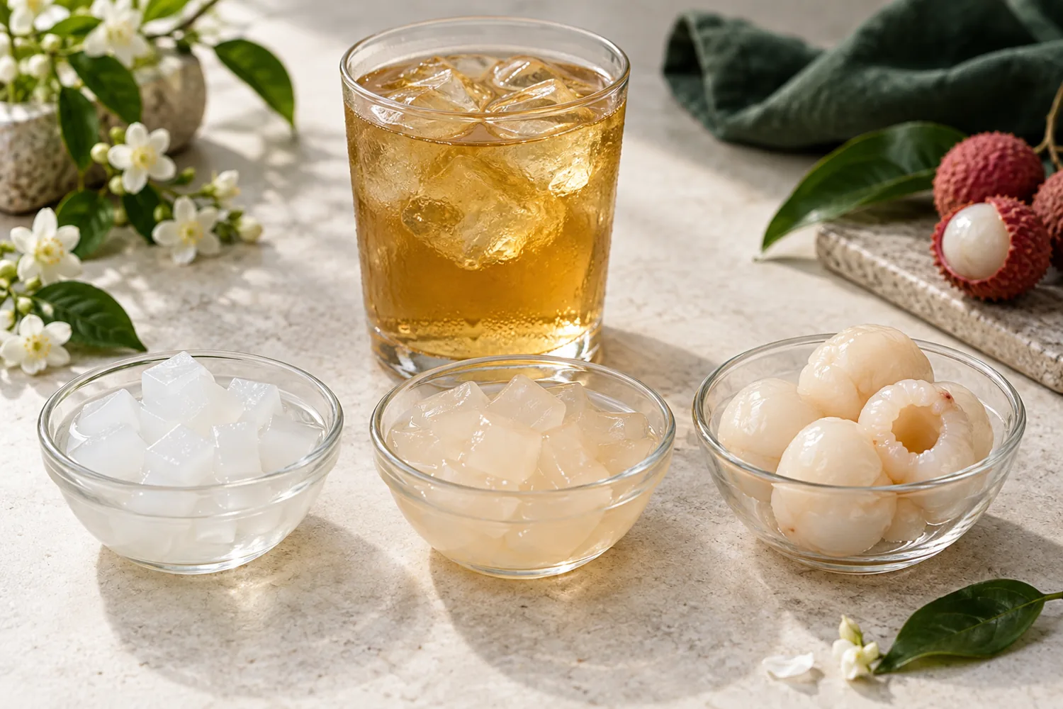 Three dishes of lychee topping, fruit gel and peeled fruit beside tea Three dishes of lychee topping, fruit gel and peeled fruit beside tea
