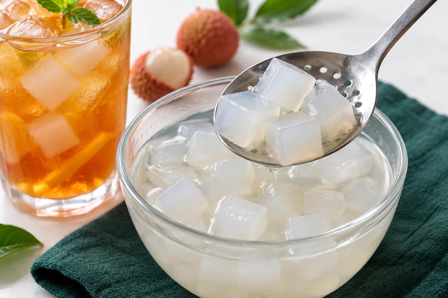 Translucent coconut gel cubes served with iced tea