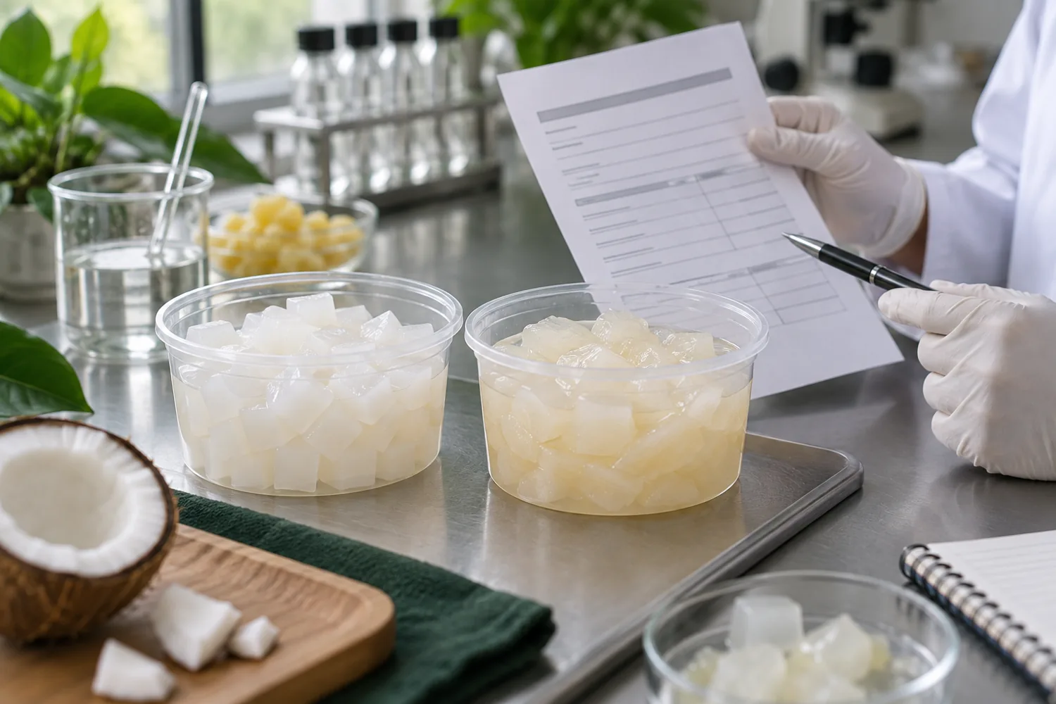 Two pale jelly samples beside an ingredient review sheet