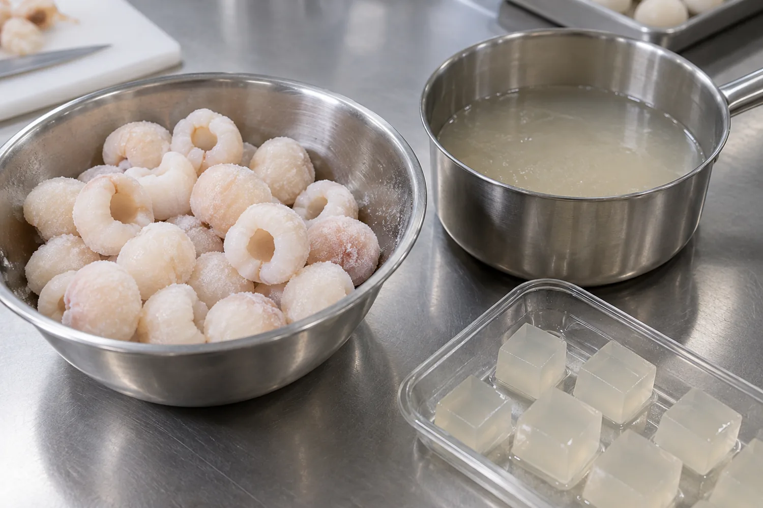 Peeled lychee fruit, gel base and test cubes on a workbench