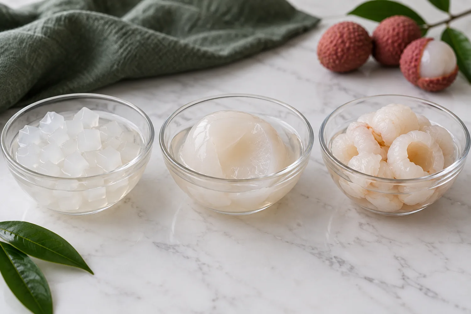 Coconut gel cubes, soft fruit gel and peeled lychee in three bowls