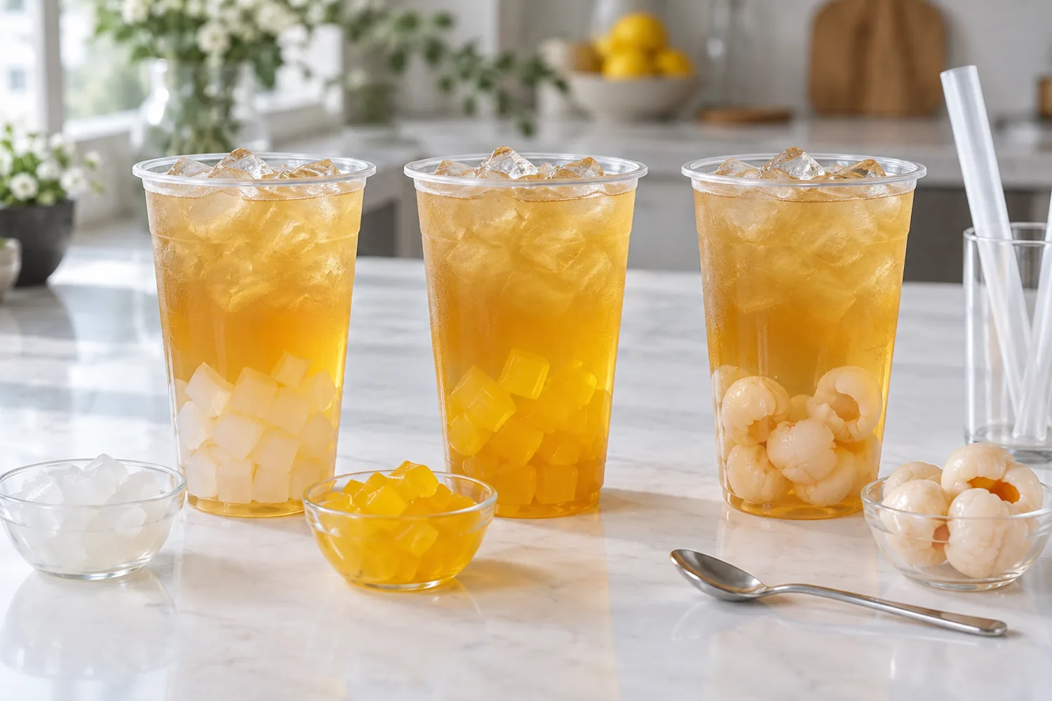 Three iced tea cups with different lychee topping forms