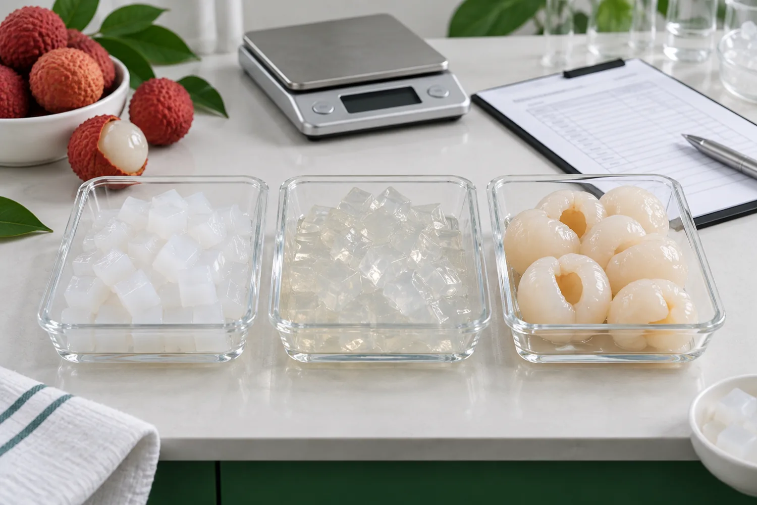 Three ingredient sample trays with a scale and specification form