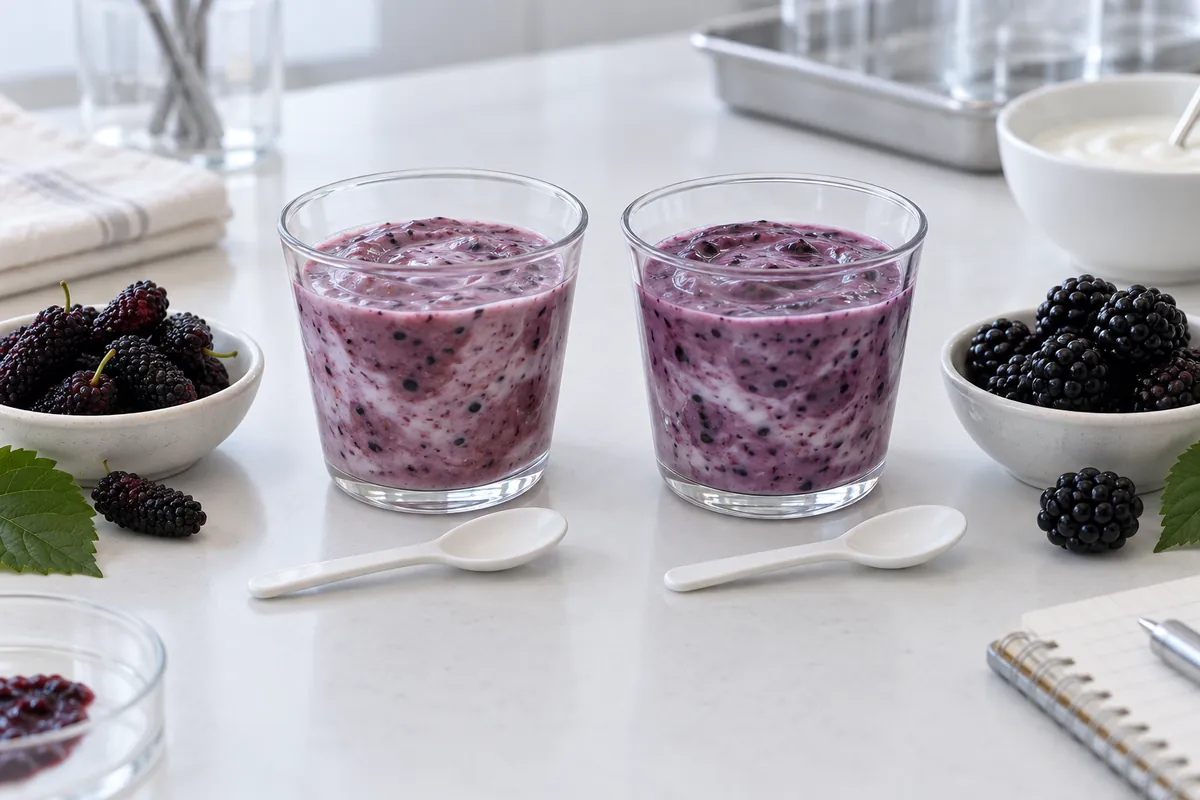 Two dark fruit yogurt formula samples beside separate mulberries and blackberries