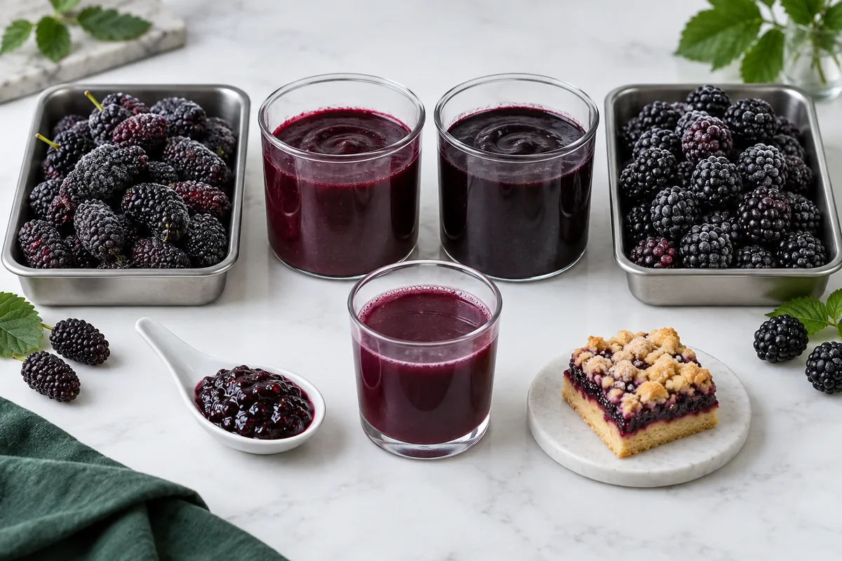 Whole frozen dark fruit, purees and small jam, drink and pastry trials