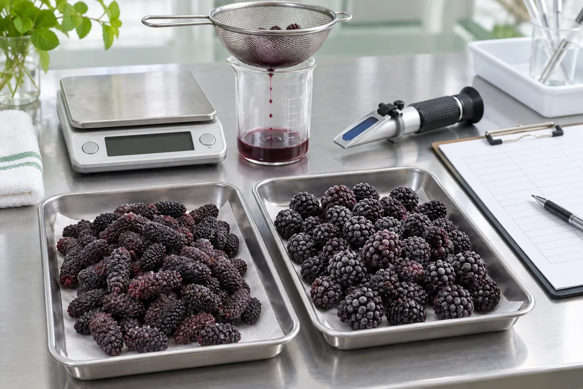 Two frozen fruit sample trays beside scale, sieve and refractometer