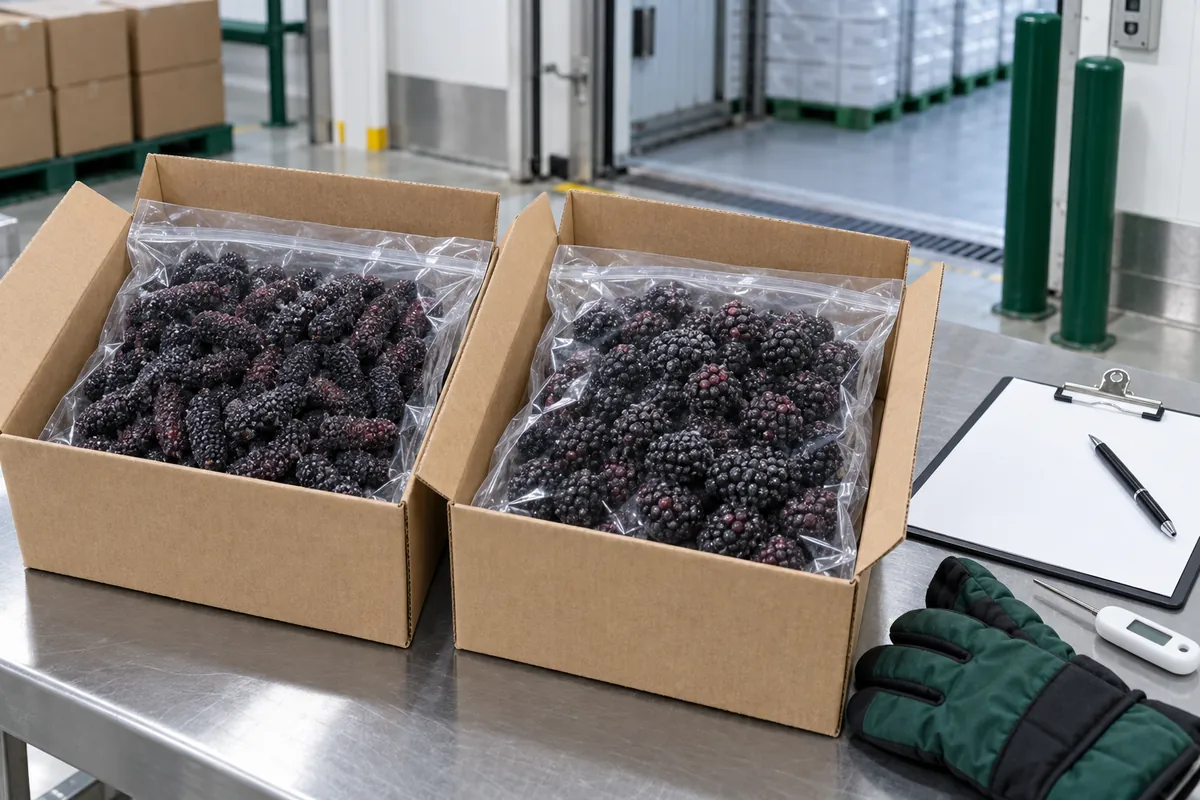 Separate frozen mulberry and blackberry sample bags in plain export cartons