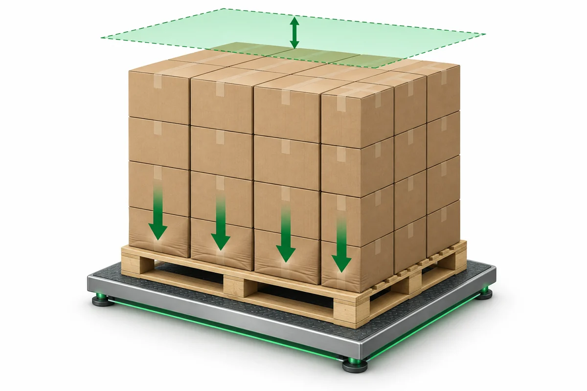 Pallet stack beneath height plane with load-force arrows and floor scale