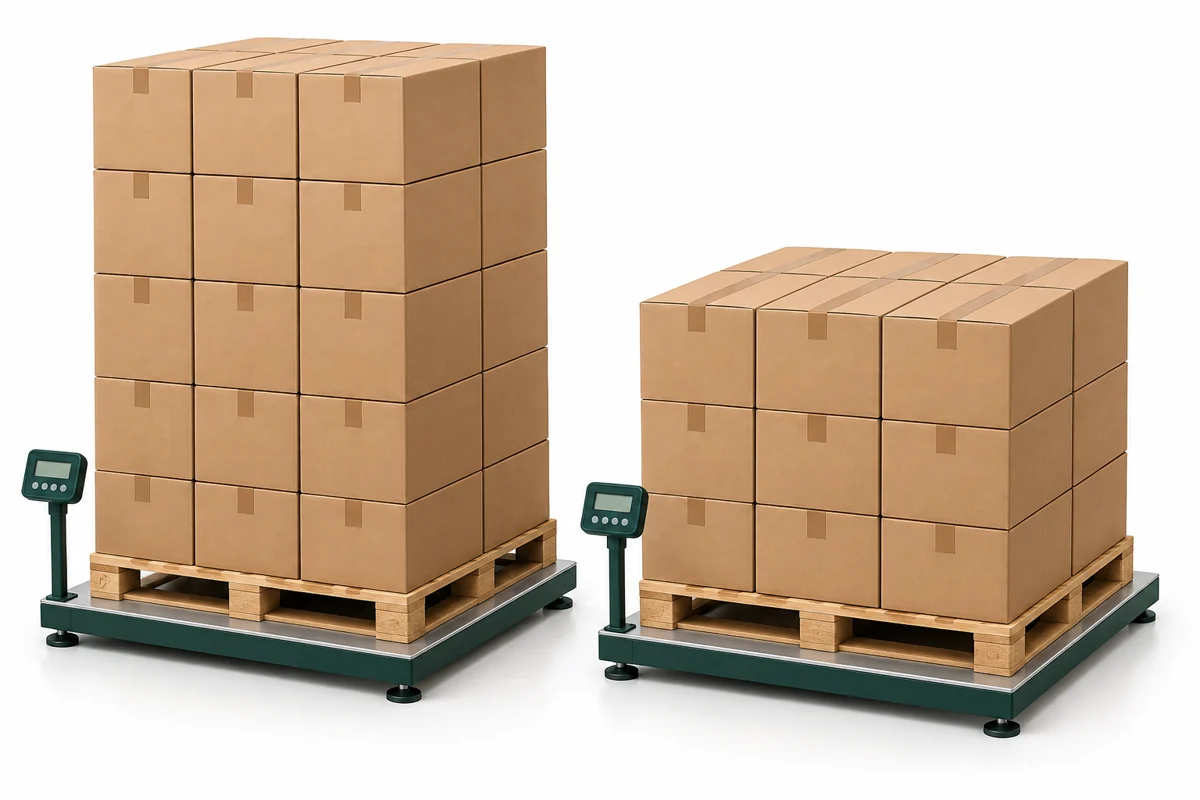 Two differently sized carton stacks resting on platform scales