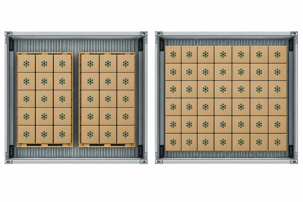 Top-down palletized and loose-carton layouts in equal reefer footprints