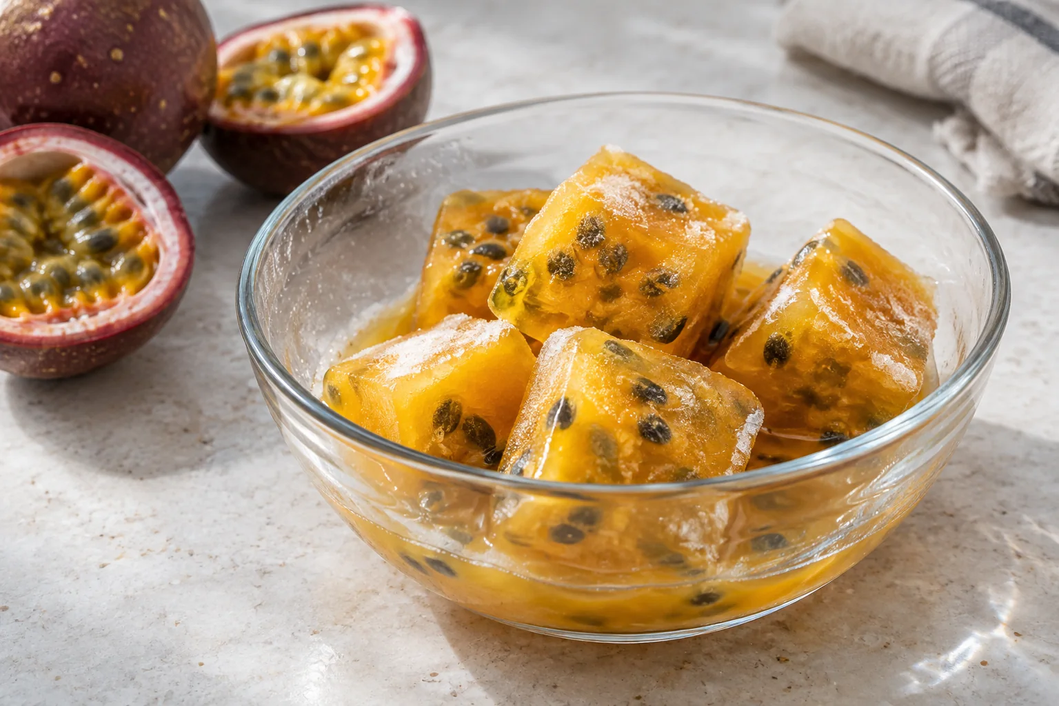 Frozen passion fruit pulp cubes thaw with visible liquid and intact seeds