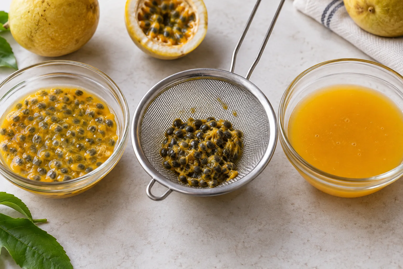 Seed-in pulp, retained seeds and smooth strained puree show the texture choice
