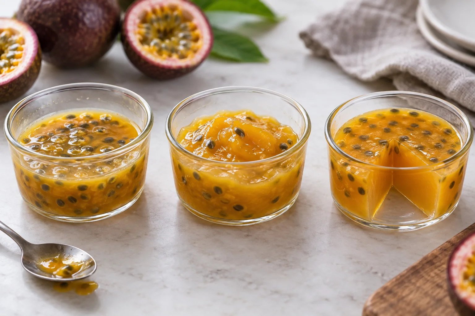Loose, spoonable and sliceable passion fruit samples show distinct filling set