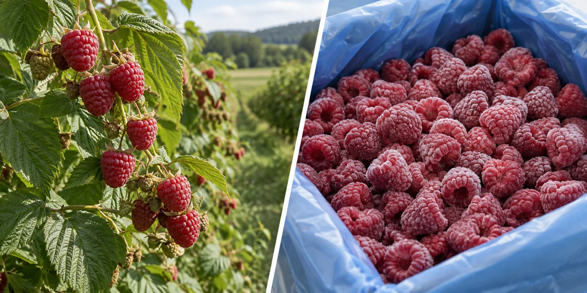 Conceptual harvest-to-IQF view: fresh crop timing and frozen stock availability are separate dates.