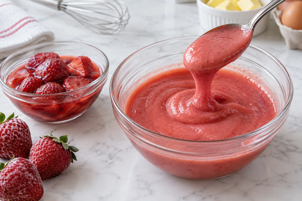 Conceptual chilled strawberry curd beside thawed berries and their liquid.