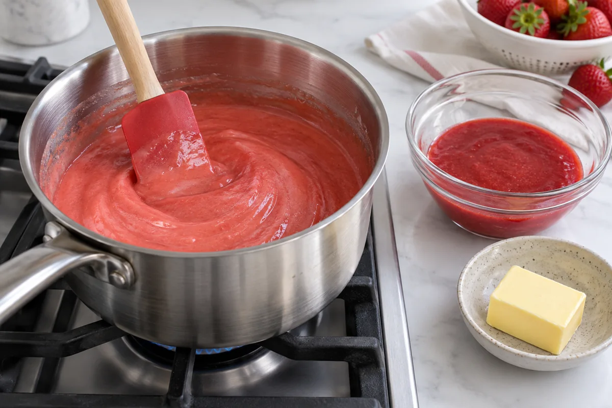 Conceptual gentle mixing of strawberry fruit and egg before butter incorporation.