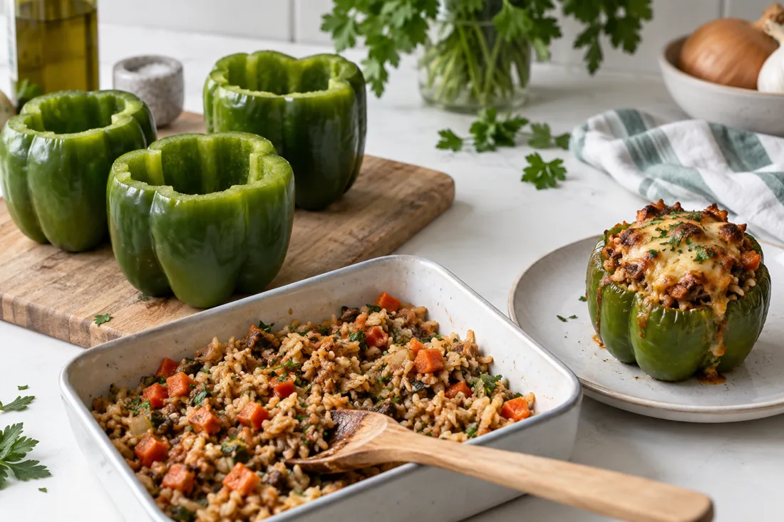 Illustrative comparison of empty pepper cups, cooked filling and an assembled stuffed pepper.