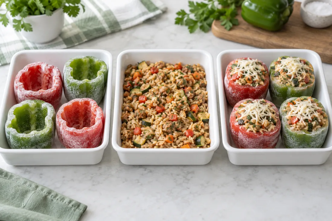 Illustrative trays of empty frozen pepper cups, cooked filling and assembled peppers.