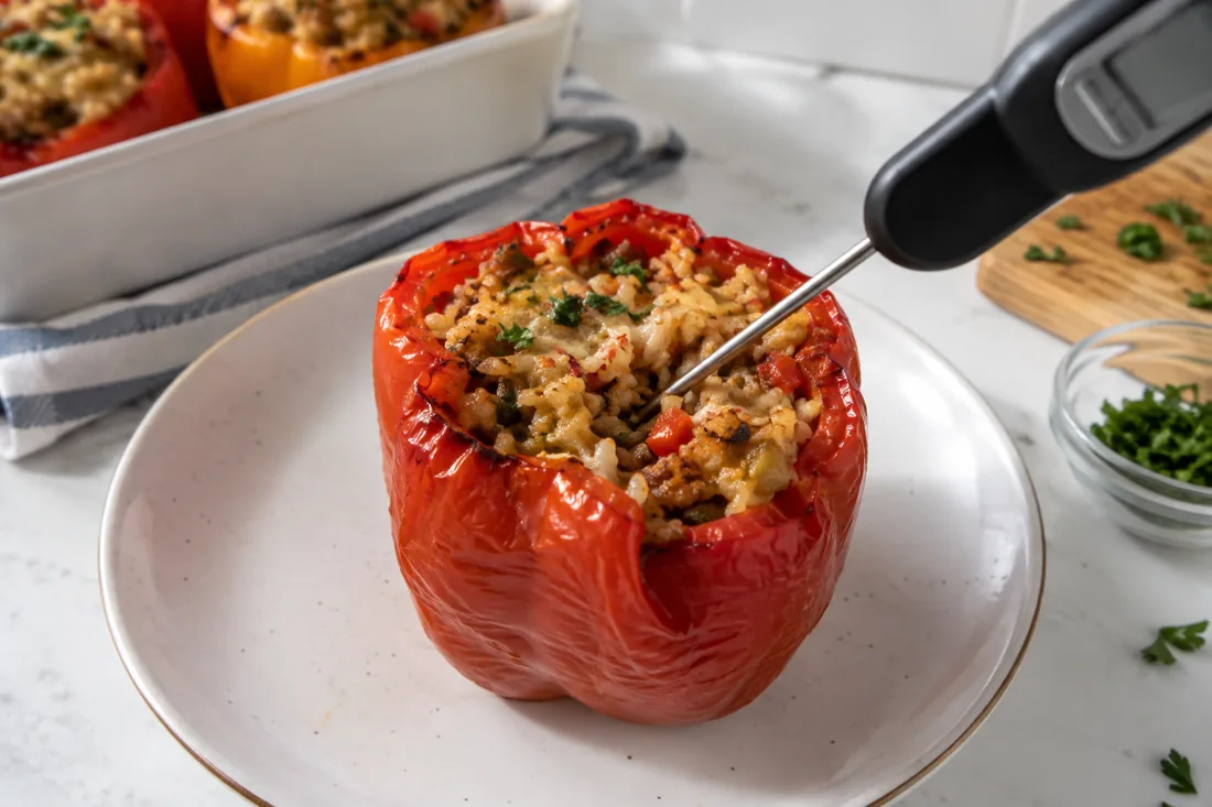 Illustrative thermometer probe in the center of a reheated stuffed pepper.