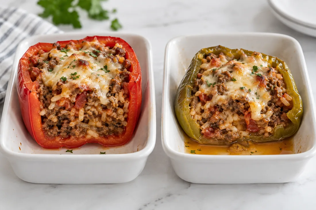 Illustrative reheated stuffed peppers with different shell firmness and liquid release.