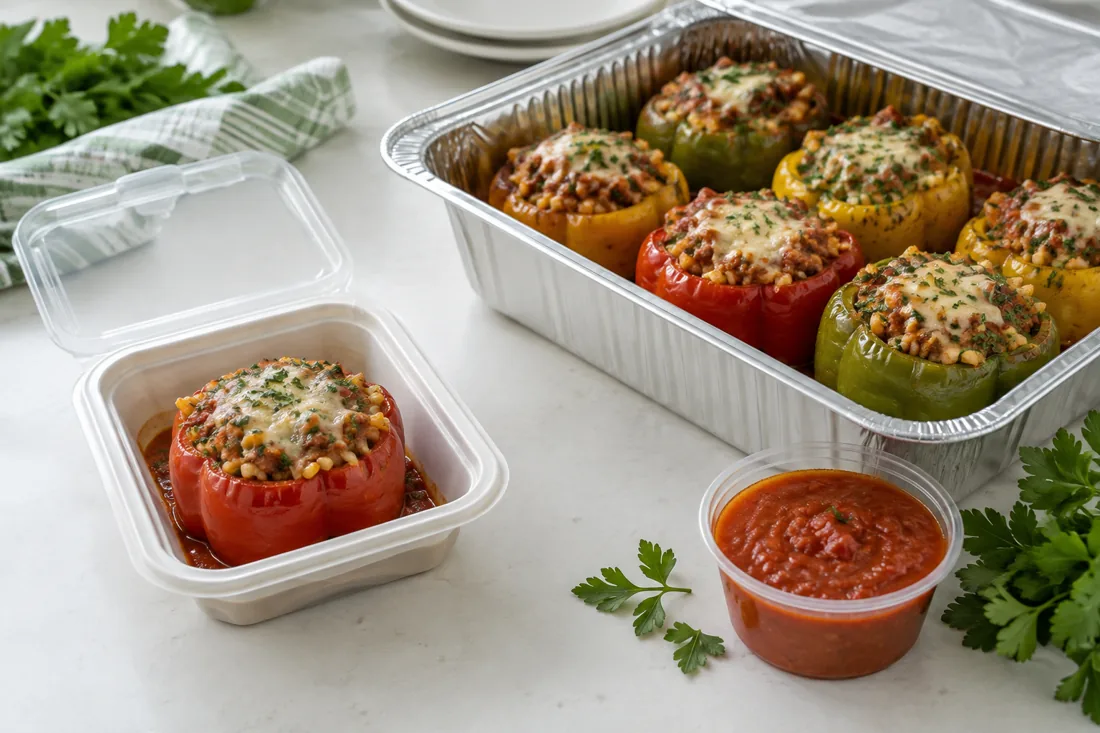 Illustrative single and catering portions with sauce packed separately.