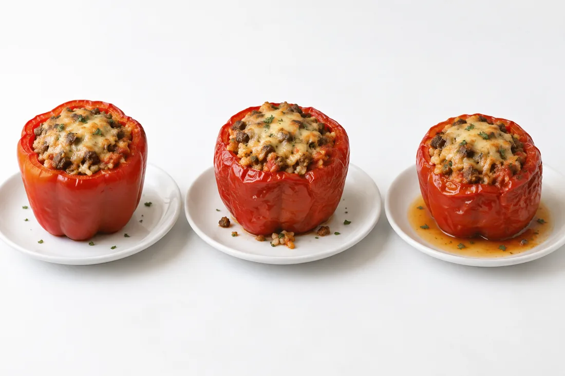 Illustrative side-by-side reheating trial for three stuffed pepper portions.