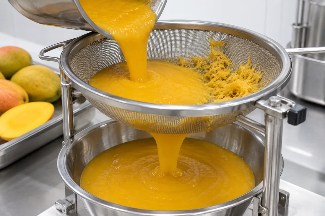 Illustrative mango puree passing through a sieve with fiber retained on the screen.