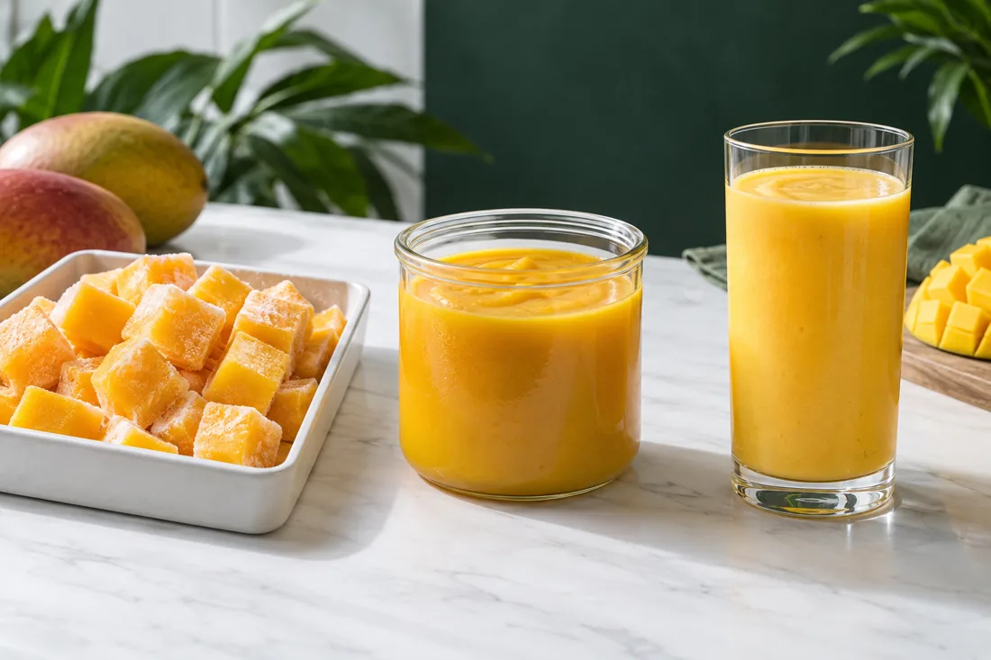 Illustrative frozen mango pieces, puree sample and finished mango drink.