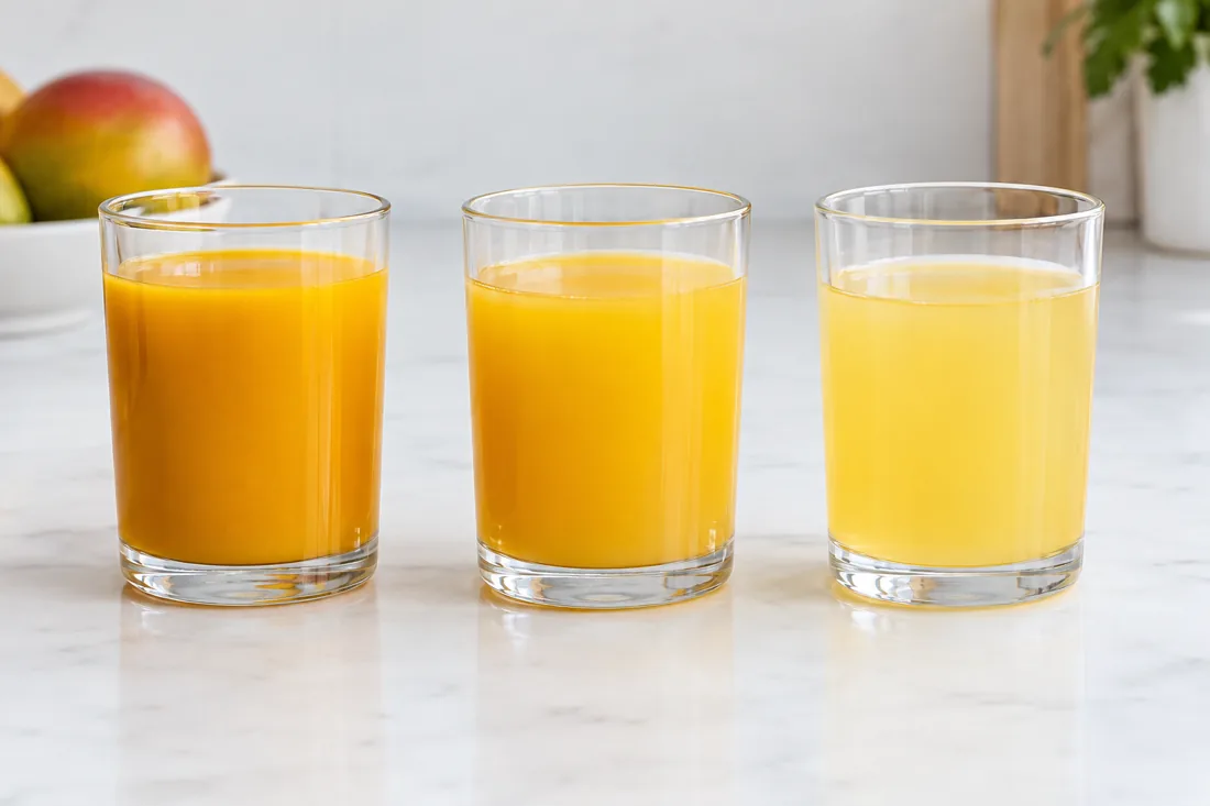 Illustrative mango drinks showing color at three serving dilutions.