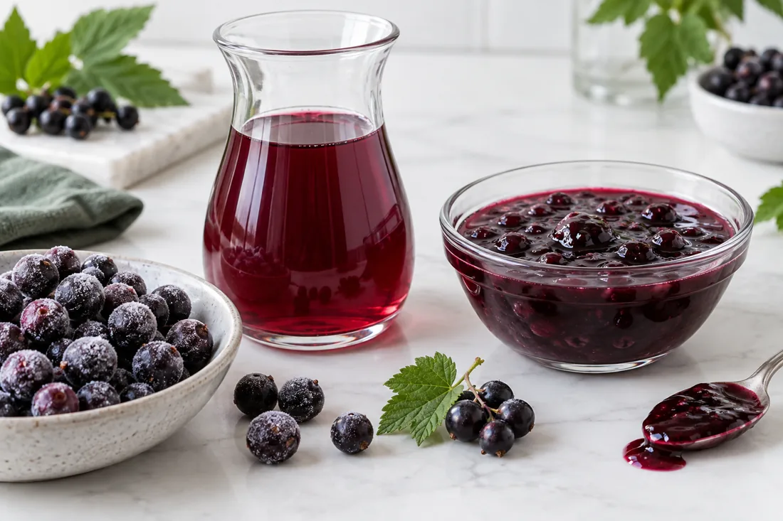 Illustrative frozen blackcurrants beside clear syrup and pulpy topping.