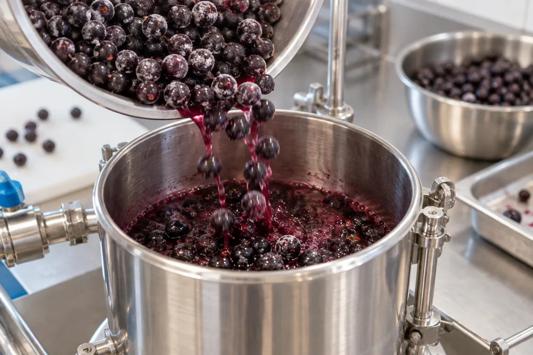 Illustrative blackcurrants releasing color into a pilot extraction vessel.