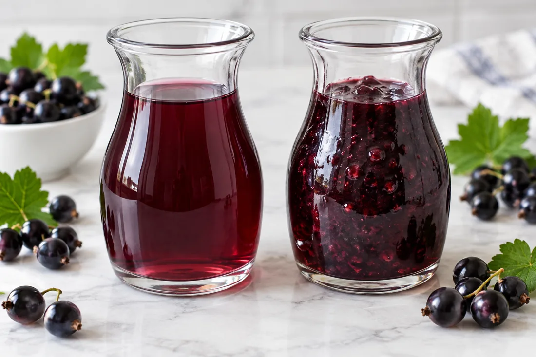Illustrative clear blackcurrant beverage base beside a pulpy dessert topping.