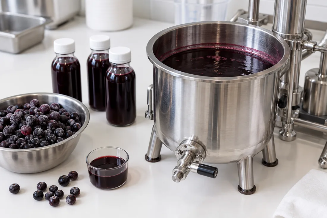 Illustrative pilot vessel and sample bottles for blackcurrant syrup testing.