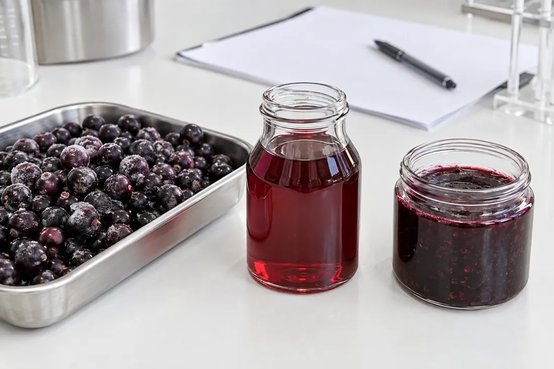 Illustrative blackcurrant lot beside clear and pulpy syrup pilot samples.