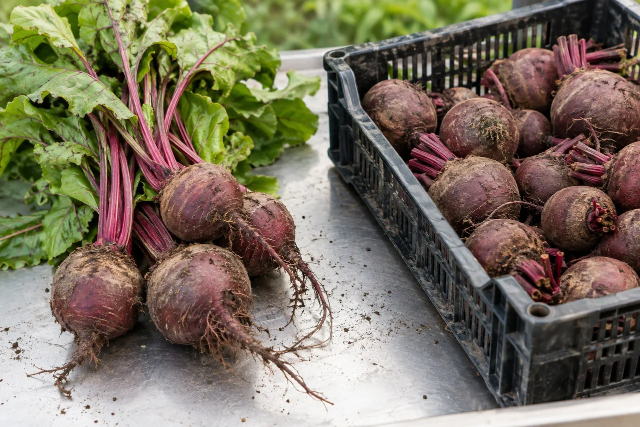 Leafy beets and topped roots laid out separately before processing.